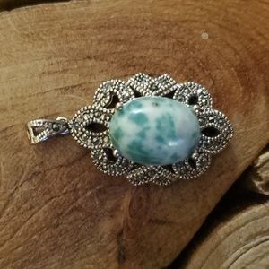 New 925 Silver Wrapped Rhinestone Green Sesame Jasper Olivary Pendant.